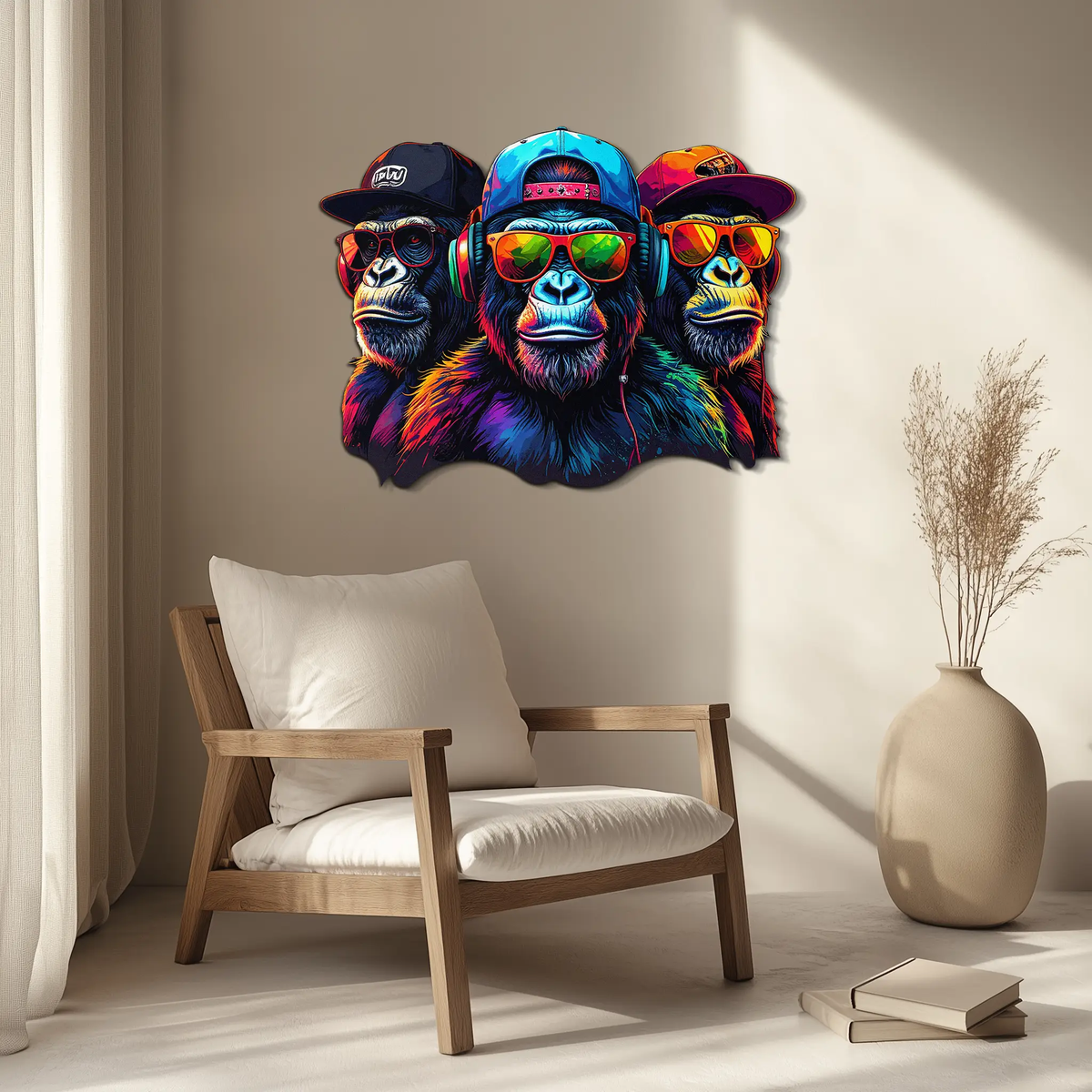 Cool Gorilla Trio Metal Wall Art – Neon Urban UV Printed Decor-KAFUVM014 by Enova Art