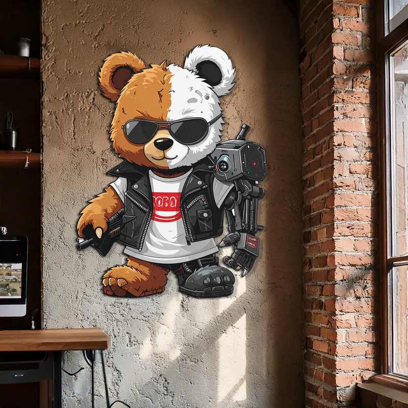 Cyborg Teddy Bear Metal Wall Art – Cool UV Printed Robo Decor-KAFUVM016 by Enova Art