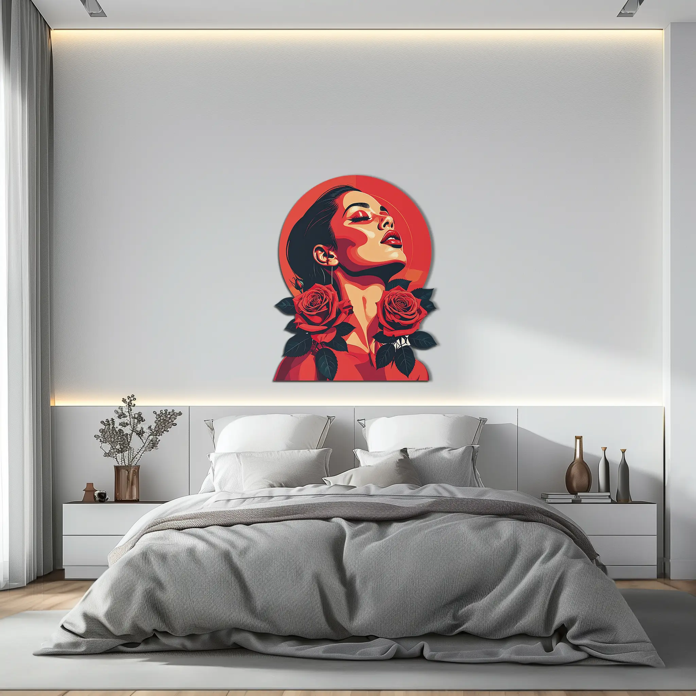 Red Rose Woman Metal Wall Art – Bold Feminine UV Printed Decor-KAFUVM017 by Enova Art