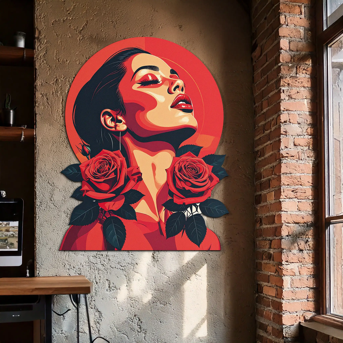 Red Rose Woman Metal Wall Art – Bold Feminine UV Printed Decor-KAFUVM017 by Enova Art