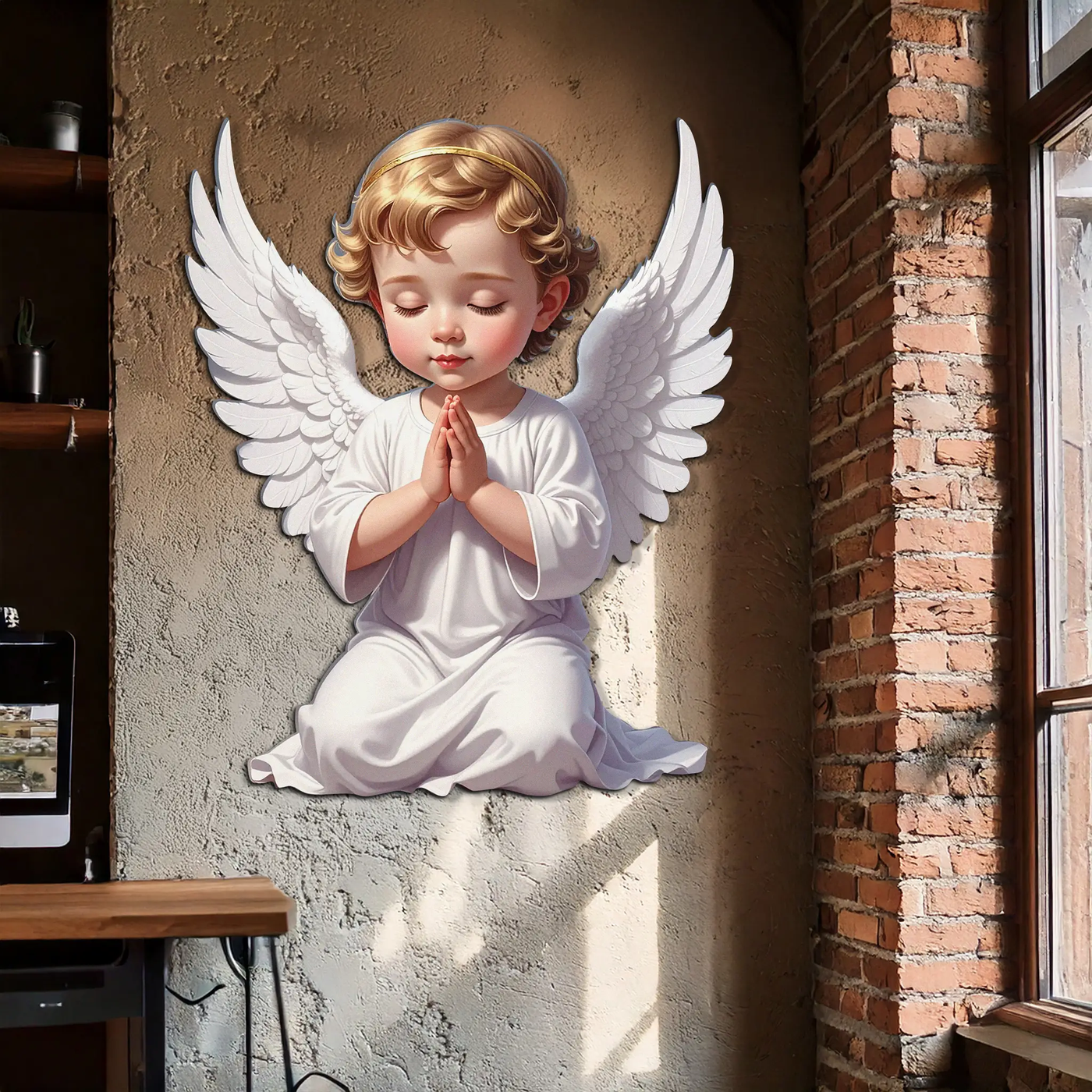 Praying Baby Angel Metal Wall Art – Religious Nursery Decor-KAFUVM020 by Enova Art