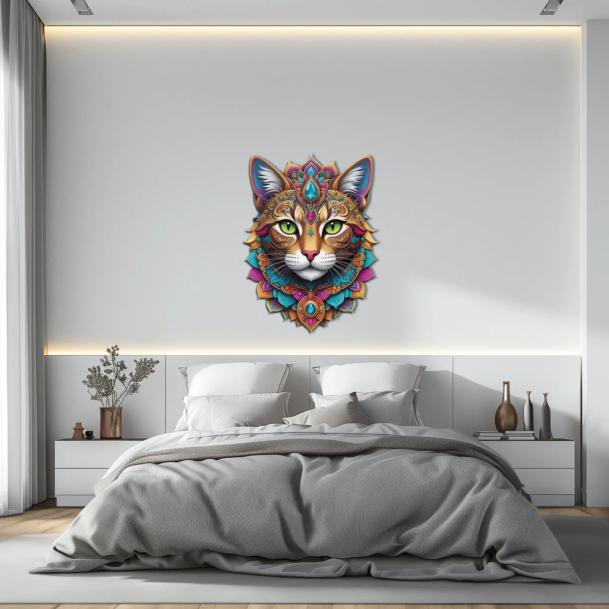 Psychedelic Mandala Cat Wall Art – Vibrant Boho Decor-KAFUVM025 by Enova Art