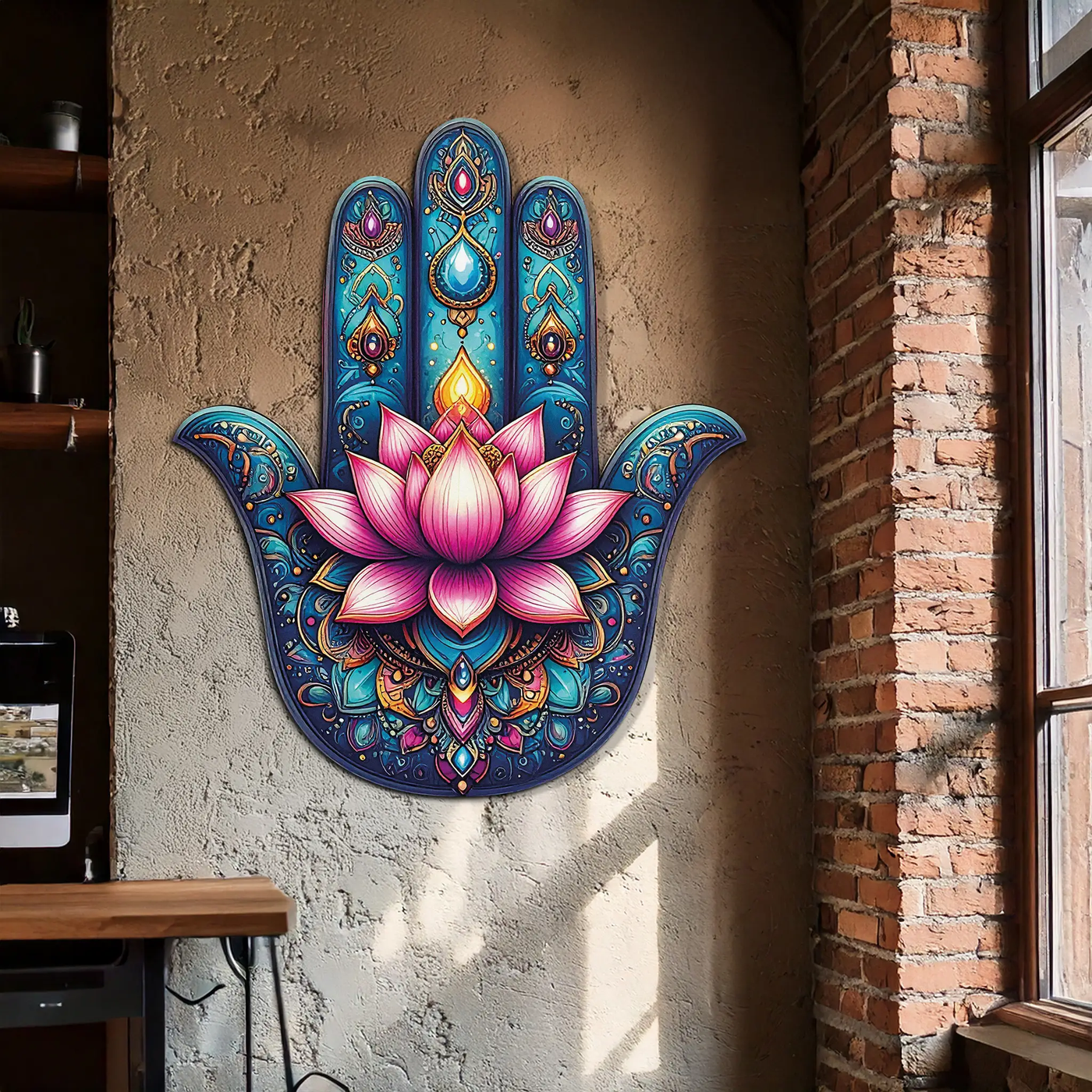 Lotus Hamsa Hand Metal Wall Art – Mystic Boho Decor-KAFUVM035 by Enova Art