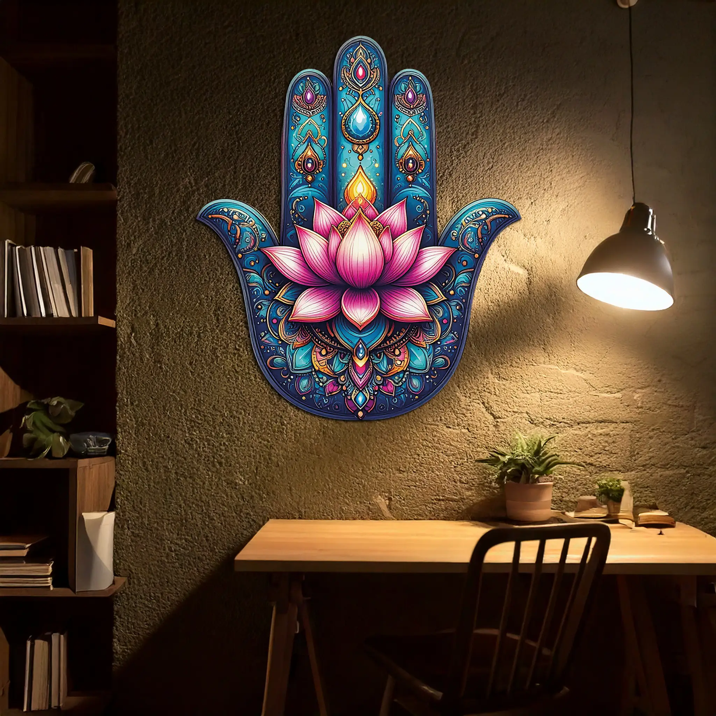 Lotus Hamsa Hand Metal Wall Art – Mystic Boho Decor-KAFUVM035 by Enova Art