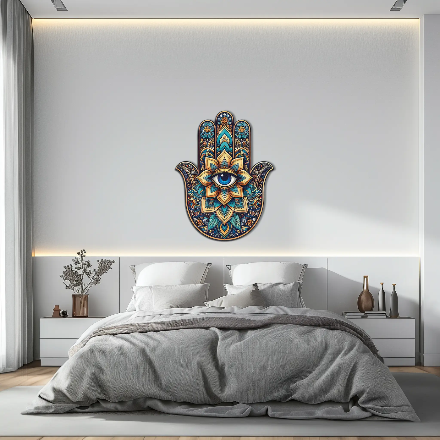 Hamsa Eye Wall Art – Boho Evil Eye Metal Decor-KAFUVM036 by Enova Art