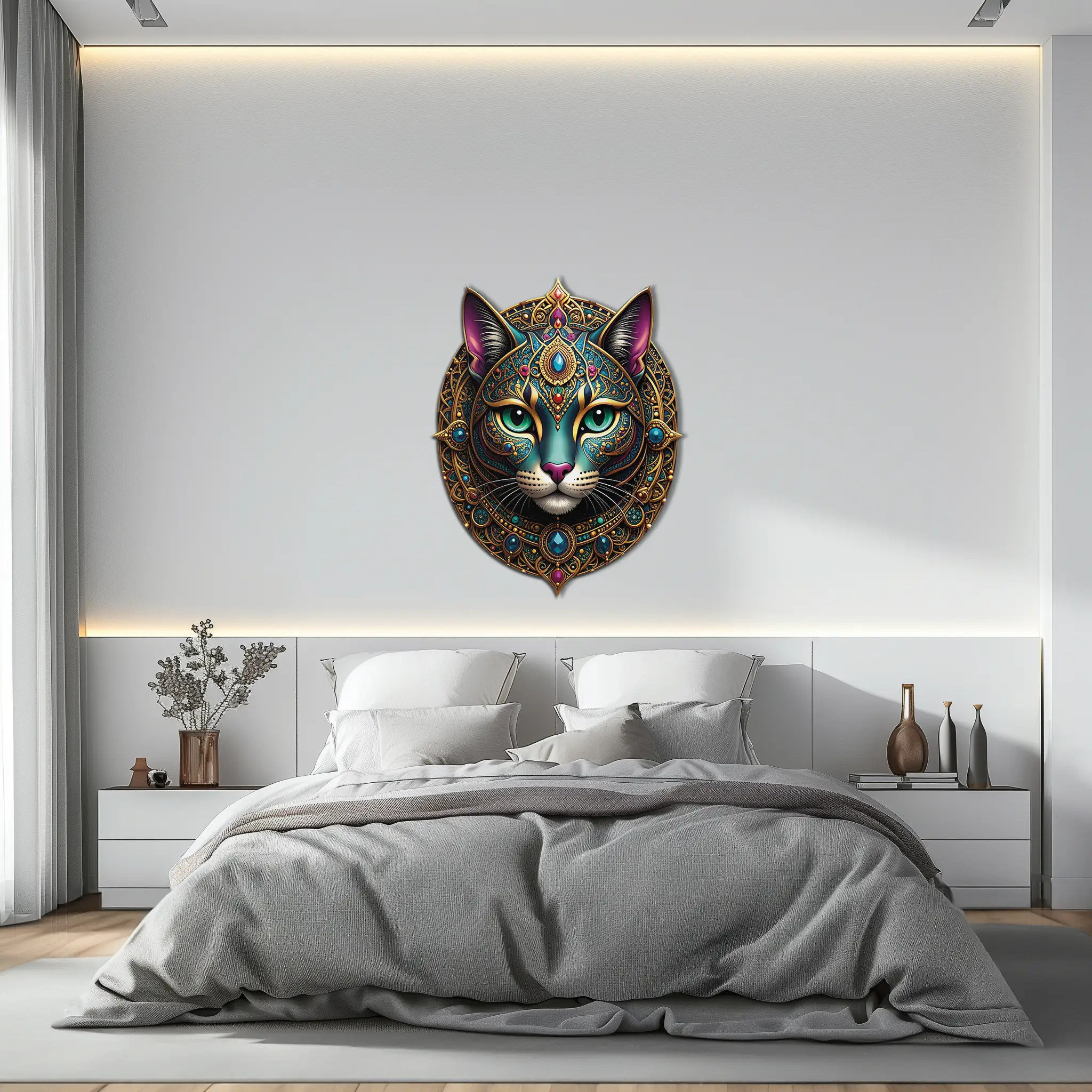 Mystic Mandala Cat Metal Wall Art – Boho Feline Decor-KAFUVM037 by Enova Art