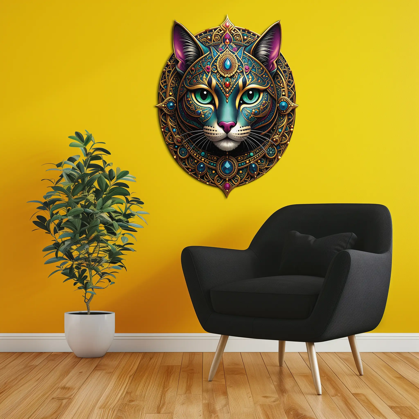 Mystic Mandala Cat Metal Wall Art – Boho Feline Decor-KAFUVM037 by Enova Art