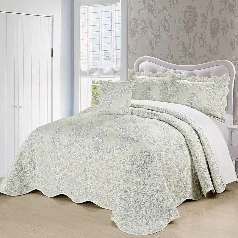 King size Antique White Damask Embroidered 4 Piece Oversized Bedspread Set by HomePacific