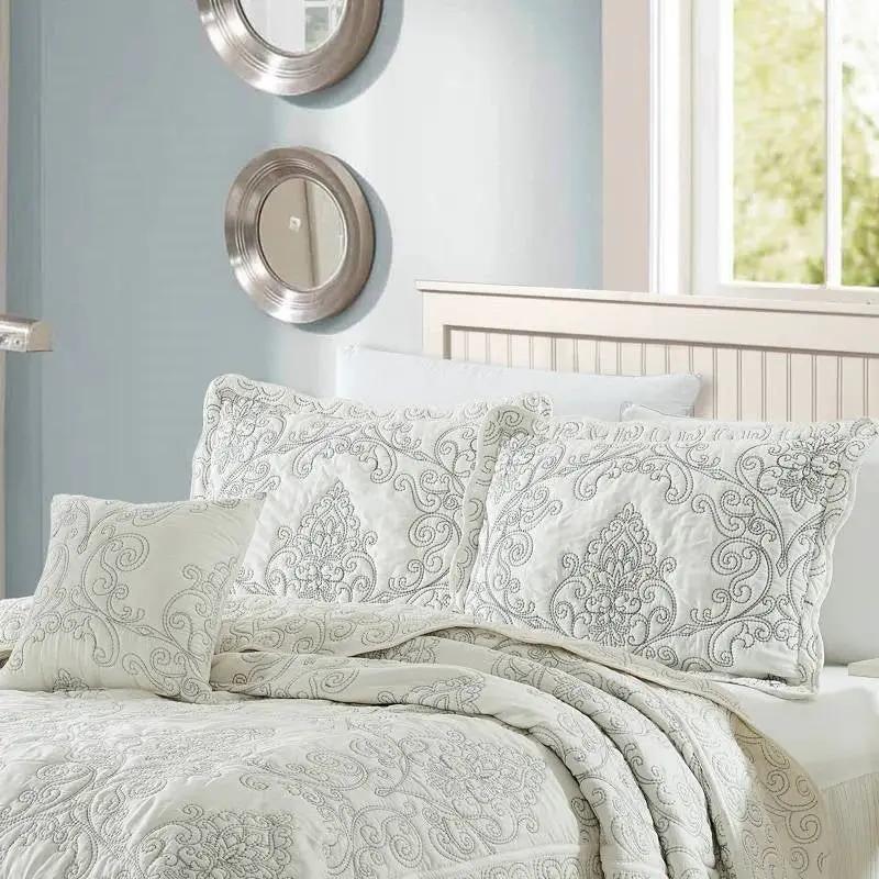 King size Antique White Damask Embroidered 4 Piece Oversized Bedspread Set by HomePacific