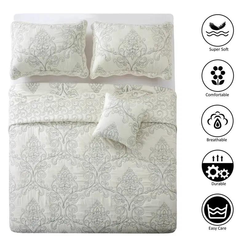 King size Antique White Damask Embroidered 4 Piece Oversized Bedspread Set by HomePacific