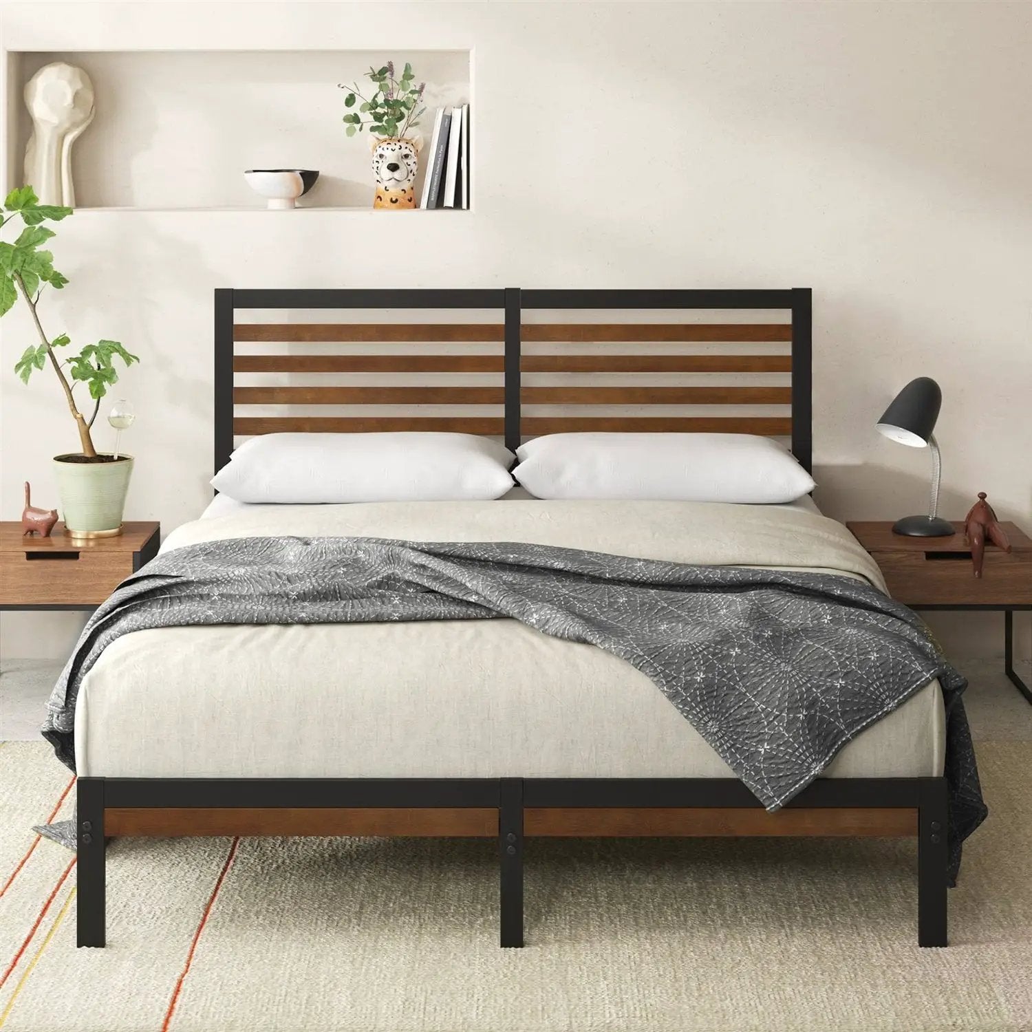 Queen Metal Platform Bed Frame with Bamboo Wood Slat Headboard and Footboard by HomePacific