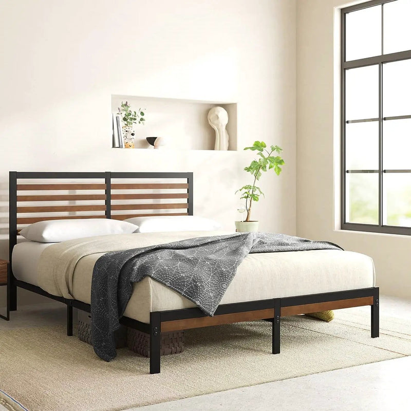 Queen Metal Platform Bed Frame with Bamboo Wood Slat Headboard and Footboard by HomePacific