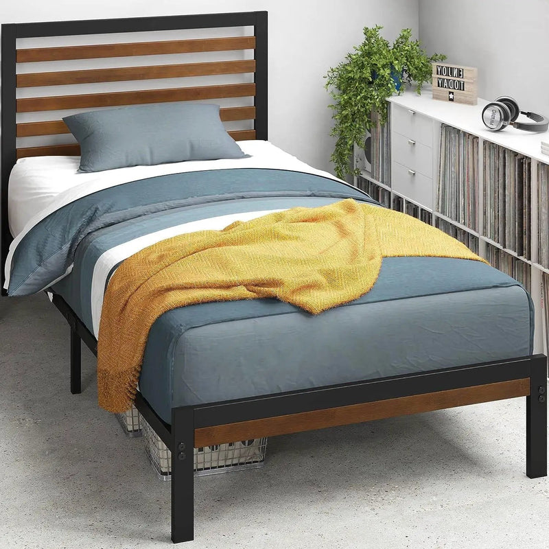 Twin Metal Platform Bed Frame with Bamboo Wood Slatted Headboard and Footboard by HomePacific