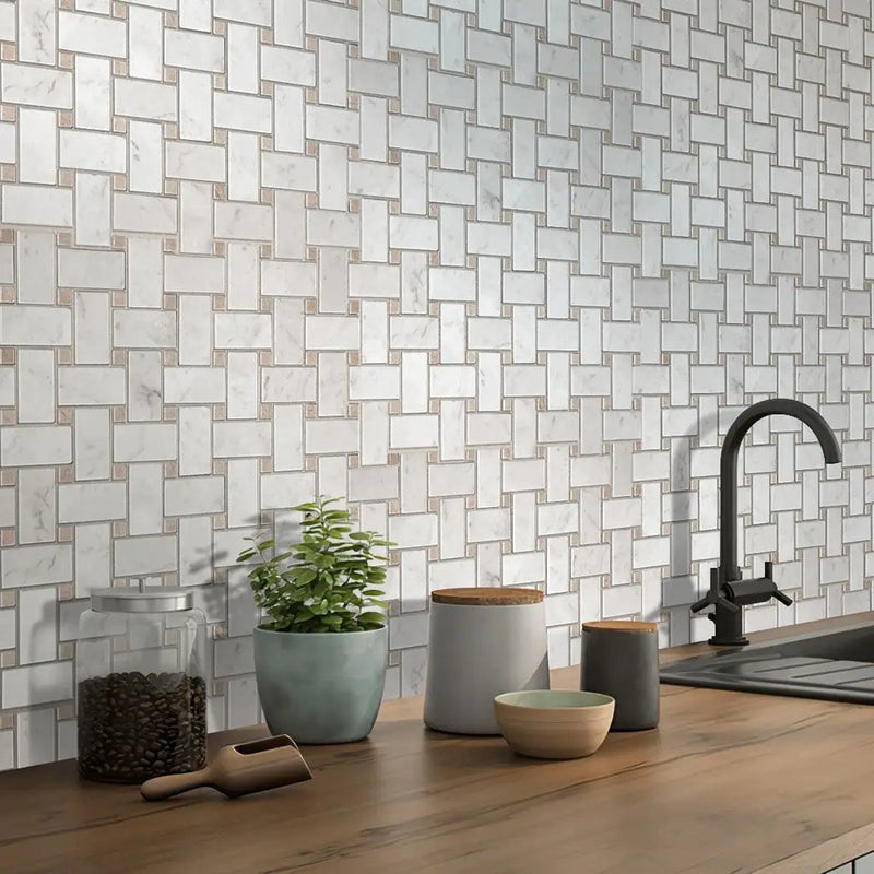 Bianco Carrara, Eastern Beige 12x12 Polished Basketweave Marble Mosaic Tile (5 pack, 5 sq ft/case) by Apollo Tile