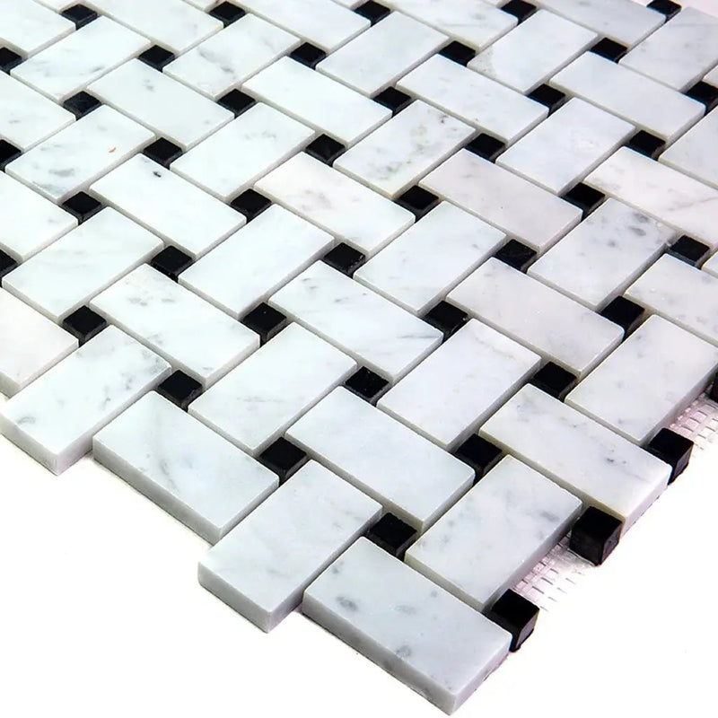 Bianco Carrara, Eastern Black 12x12 Polished Basketweave Marble Mosaic Tile (5 pack, 5 sq ft/case) by Apollo Tile