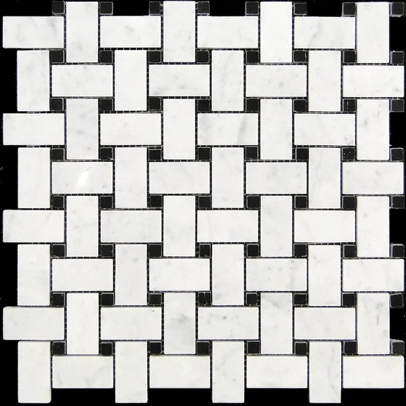 Bianco Carrara, Eastern Black 12x12 Polished Basketweave Marble Mosaic Tile (5 pack, 5 sq ft/case) by Apollo Tile