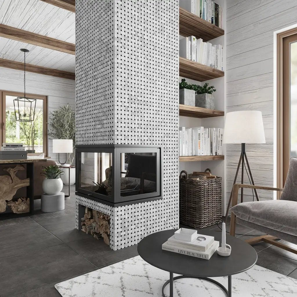 Bianco Carrara, Eastern Black 12x12 Polished Basketweave Marble Mosaic Tile (5 pack, 5 sq ft/case) by Apollo Tile