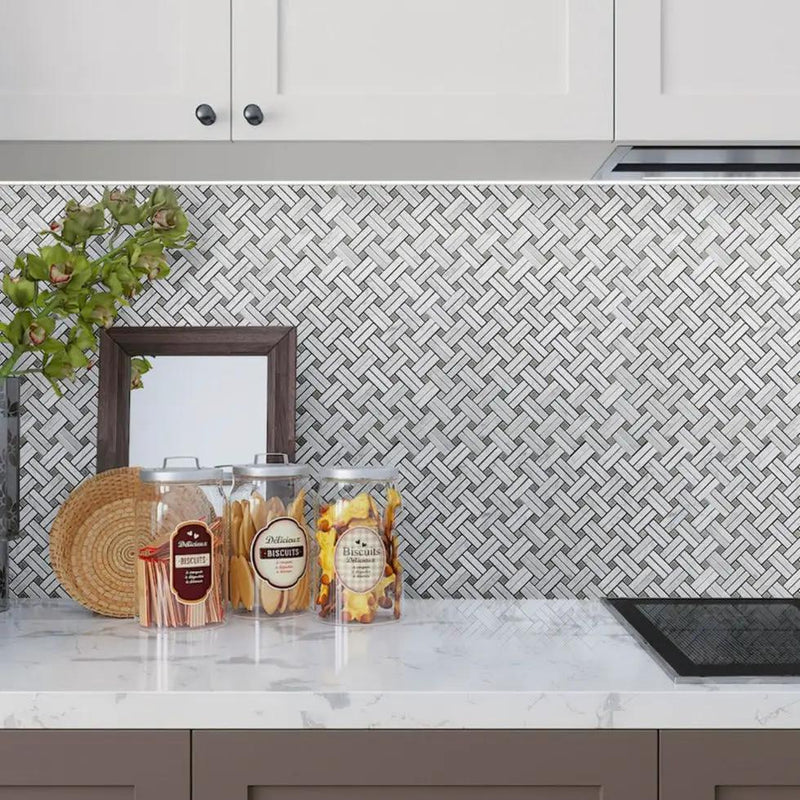 Bianco Carrara, Eastern Beige 11x11 Polished Basketweave Marble Mosaic Tile (5 pack, 4.47 sq ft/case) by Apollo Tile