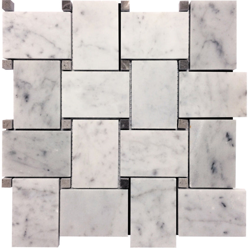 Bianco Carrara, Eastern Beige 11x11 Polished Basketweave Marble Mosaic Tile (5 pack, 4.2 sq ft/case), photo 2 of 3