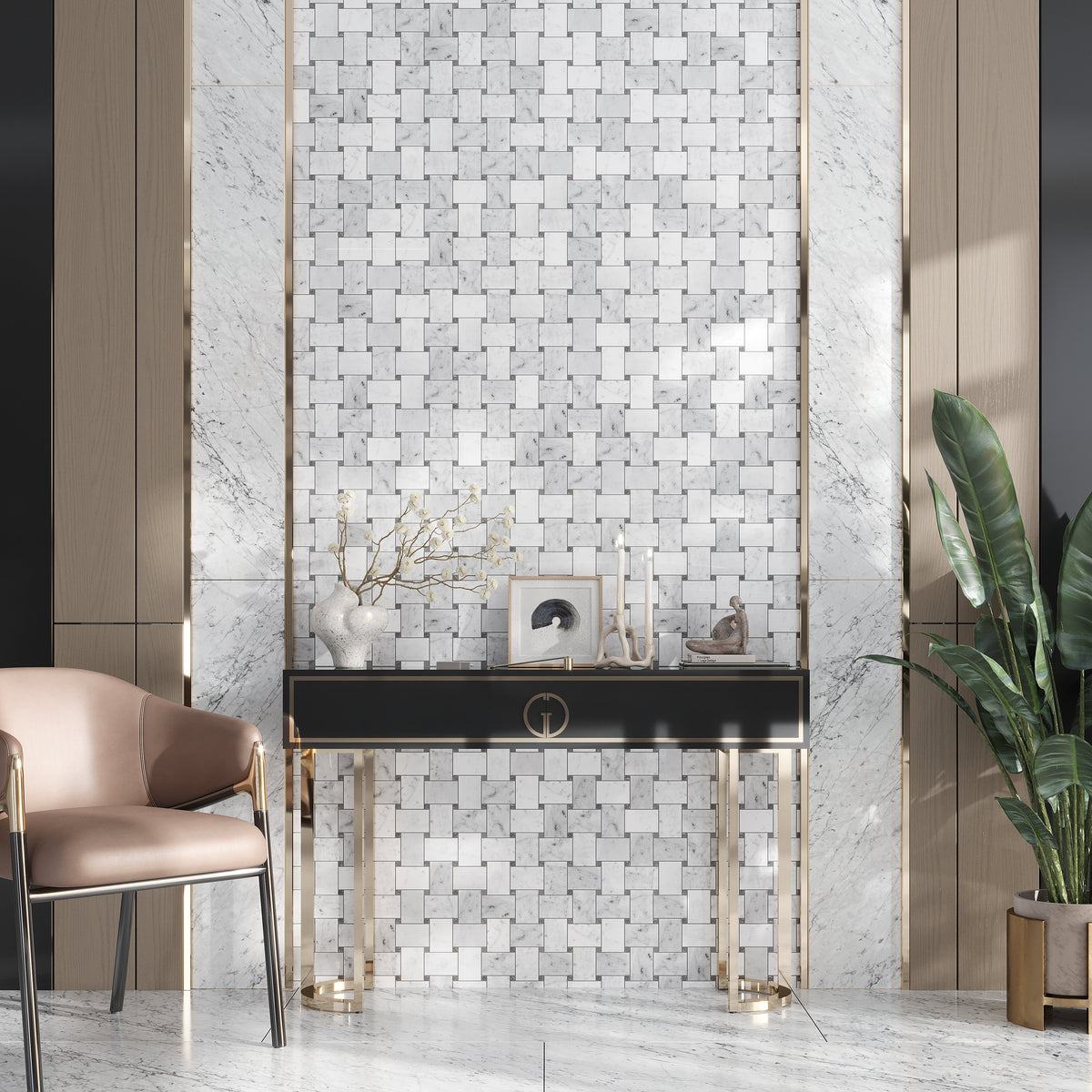 Bianco Carrara, Eastern Beige 11x11 Polished Basketweave Marble Mosaic Tile (5 pack, 4.2 sq ft/case), photo 3 of 3