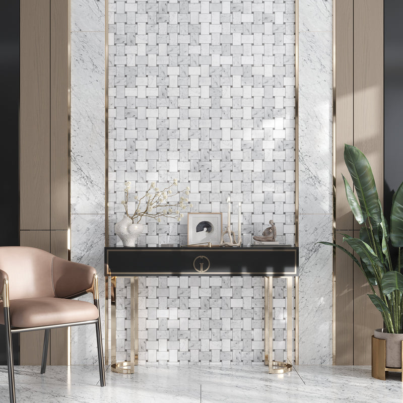 Bianco Carrara, Eastern Beige 11x11 Polished Basketweave Marble Mosaic Tile (5 pack, 4.2 sq ft/case), photo 3 of 3