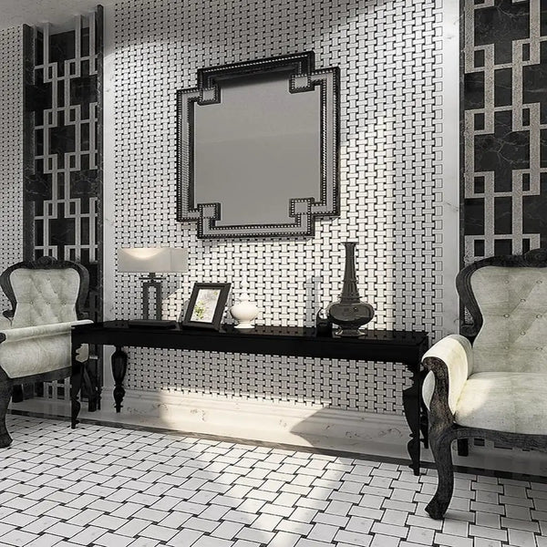 Bianco Carrara, Eastern Black 11x11 Polished Basketweave Marble Mosaic Tile (5 pack, 4.2 sq ft/case), photo 2 of 3