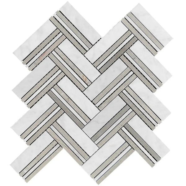Bianco Carrara Eastern Beige 11x12 Polished Herringbone Marble Mosaic Tile (5 pack, 4.71 sq ft/case), photo 2 of 5
