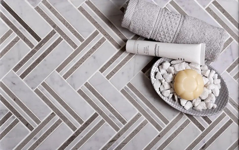 Bianco Carrara Eastern Beige 11x12 Polished Herringbone Marble Mosaic Tile (5 pack, 4.71 sq ft/case) by Apollo Tile