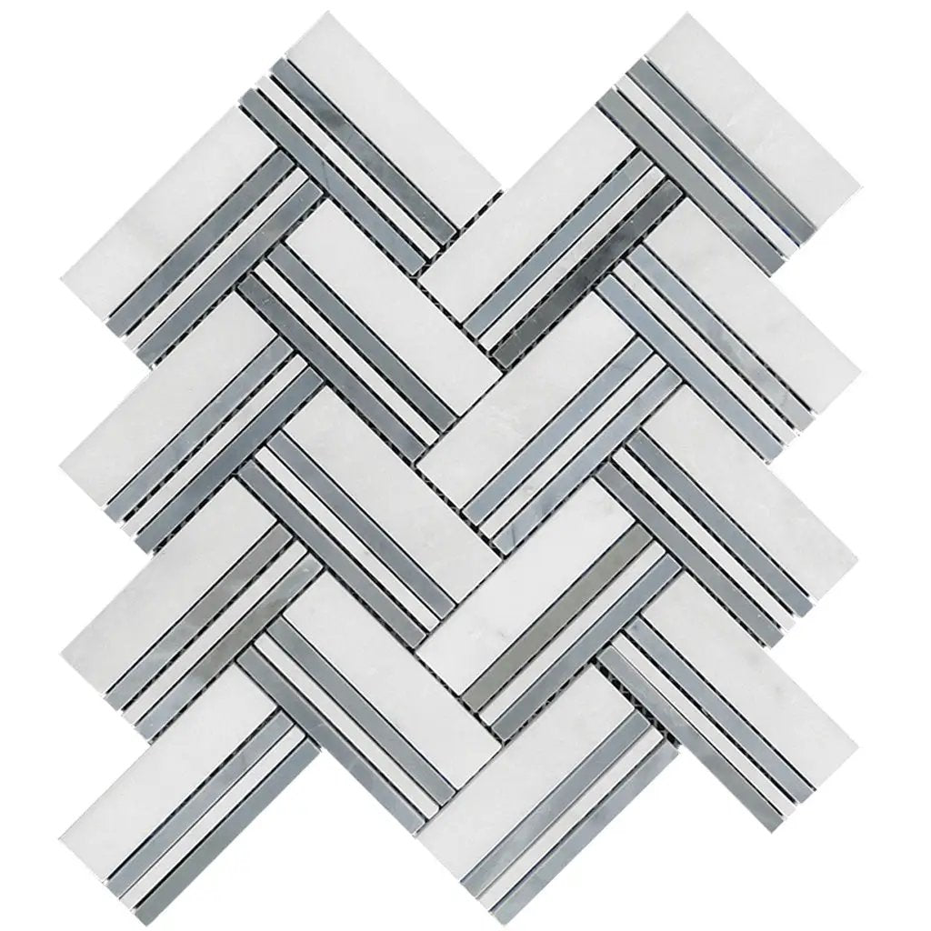 Eastern White and Blue 11x12 Polished Herringbone Marble Mosaic Tile (5 pack, 4.71 sq ft/case) by Apollo Tile