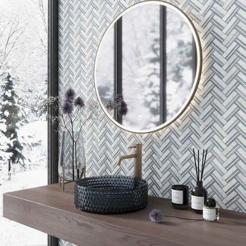 Eastern White and Blue 11x12 Polished Herringbone Marble Mosaic Tile (5 pack, 4.71 sq ft/case) by Apollo Tile