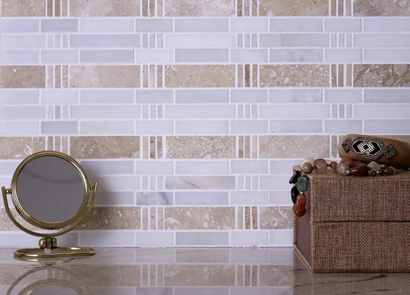 Eastern White, Beige Travertine 12x12 Polished Brick Marble Mosaic Tile (5 pack, 5 sq ft/case) by Apollo Tile