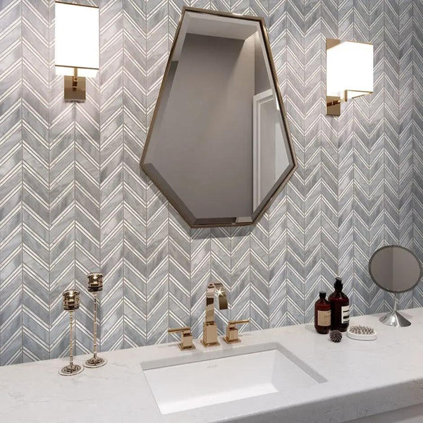 Flint Gray 11x12 Polished Herringbone Bardiglio Nuvolato Bianco Carrara Marble Mosaic Tile (5 pack, 4.51 sq ft/case), photo 2 of 3