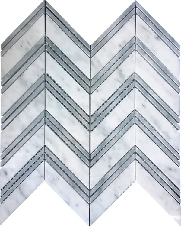 Gray White 11x12 Polished Herringbone Bianco Carrara Bardiglio Nuvolato Marble Mosaic Tile (5 pack, 4.51 sq ft/case), photo 2 of 2