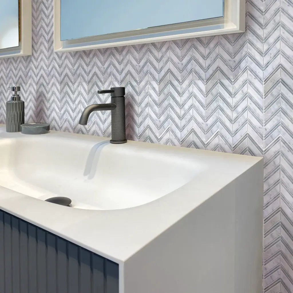 Gray White 11x12 Polished Herringbone Bianco Carrara Bardiglio Nuvolato Marble Mosaic Tile (5 pack, 4.51 sq ft/case) by Apollo Tile