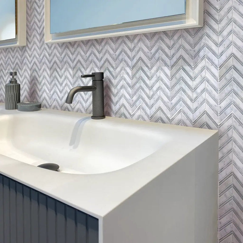 Gray White 11x12 Polished Herringbone Bianco Carrara Bardiglio Nuvolato Marble Mosaic Tile (5 pack, 4.51 sq ft/case) by Apollo Tile