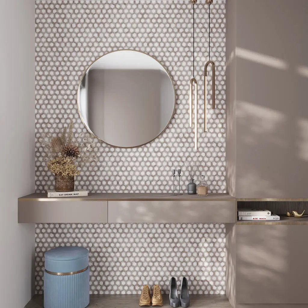 Wooden Beige Eastern White 10x11 Polished Hexagon Marble Mosaic Tile (5 pack, 4.19 sq ft/case) by Apollo Tile