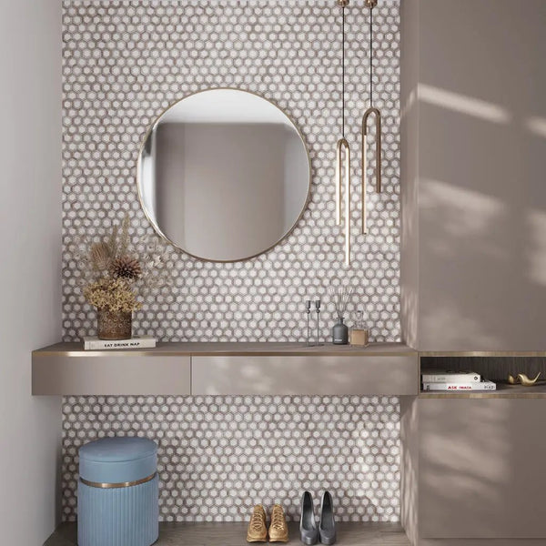 Wooden Beige Eastern White 10x11 Polished Hexagon Marble Mosaic Tile (5 pack, 4.19 sq ft/case), photo 2 of 6