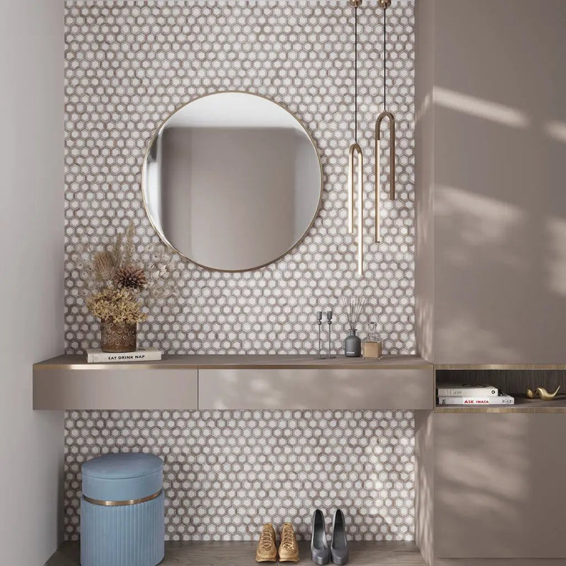 Wooden Beige Eastern White 10x11 Polished Hexagon Marble Mosaic Tile (5 pack, 4.19 sq ft/case) by Apollo Tile