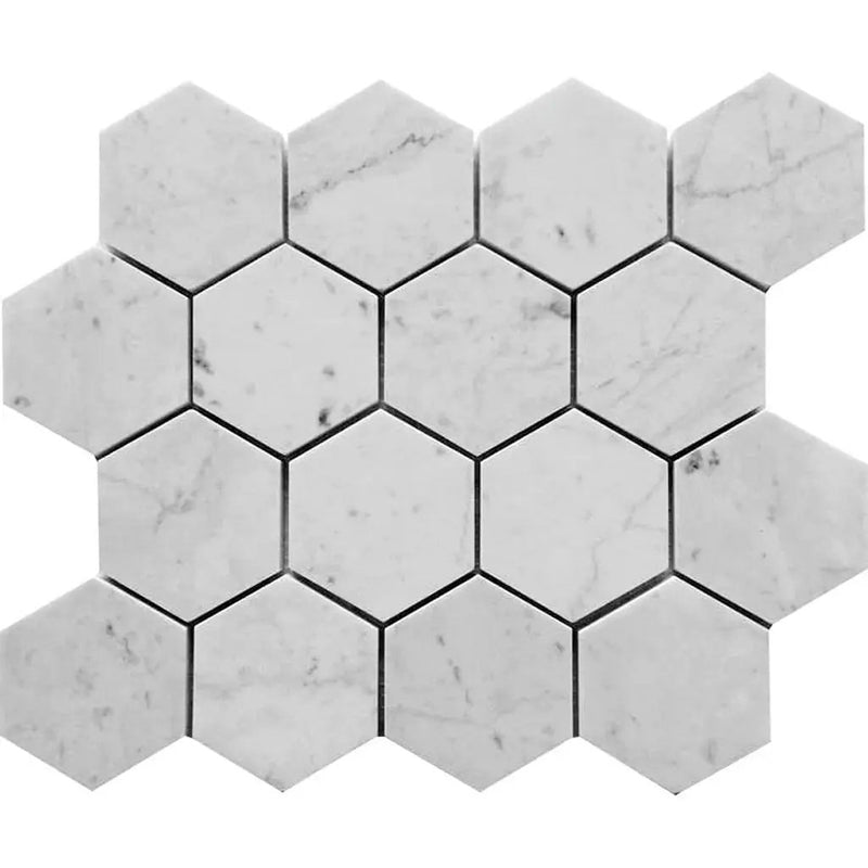 White 10x12 Honed Hexagon Bianco Carrara Marble Mosaic Tile (5 pack, 4.49 sq ft/case) by Apollo Tile
