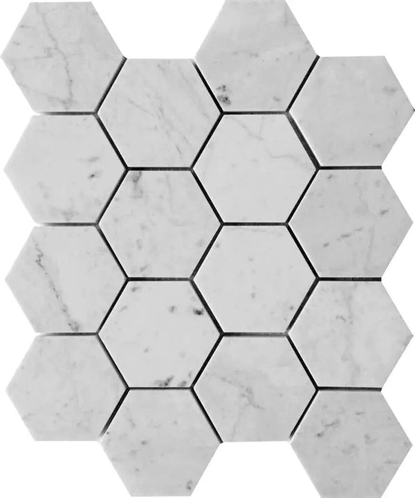 White 10x12 Honed Hexagon Bianco Carrara Marble Mosaic Tile (5 pack, 4.49 sq ft/case), photo 2 of 3