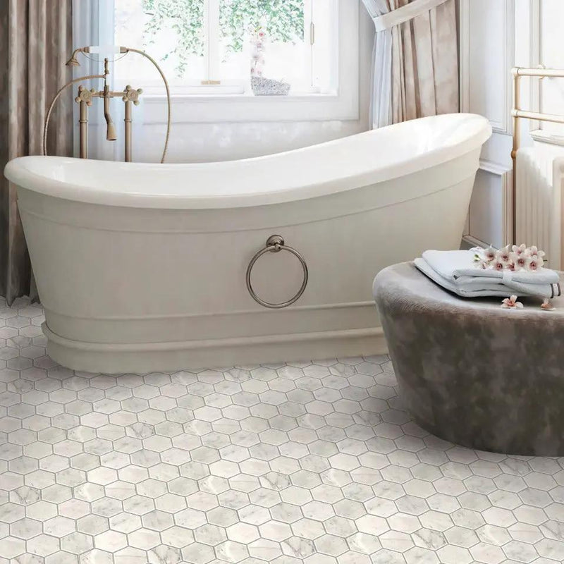 White 10x12 Honed Hexagon Bianco Carrara Marble Mosaic Tile (5 pack, 4.49 sq ft/case) by Apollo Tile