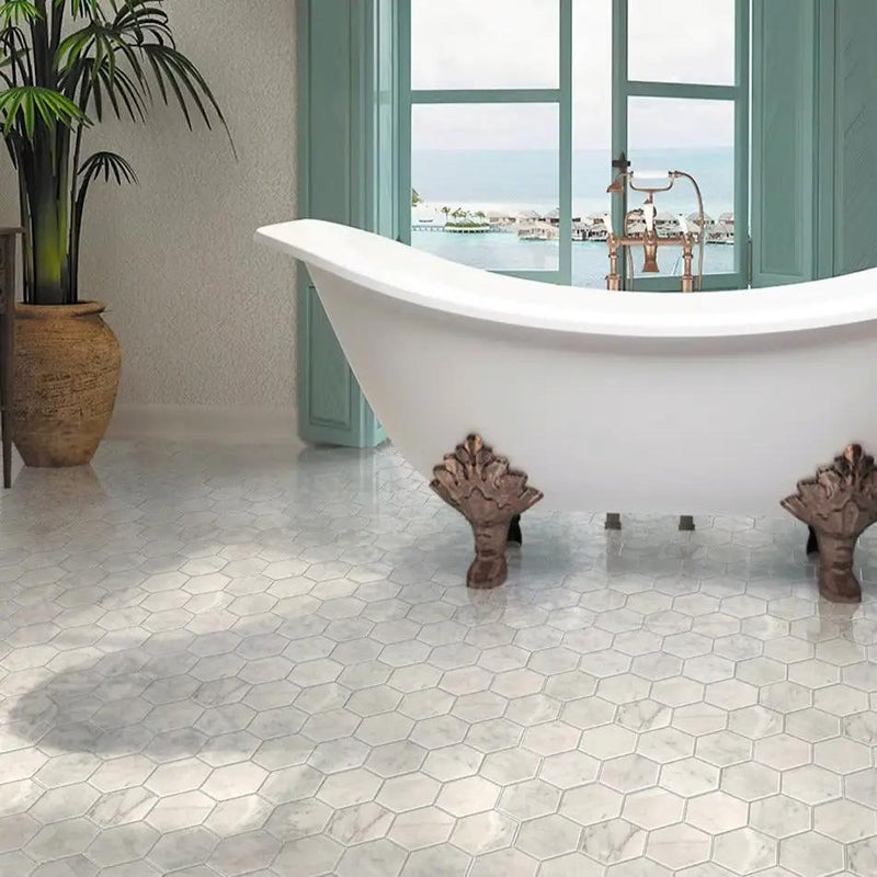 White 10x12 Polished Hexagon Bianco Carrara Marble Mosaic Tile (5 pack, 4.49 sq ft/case) by Apollo Tile