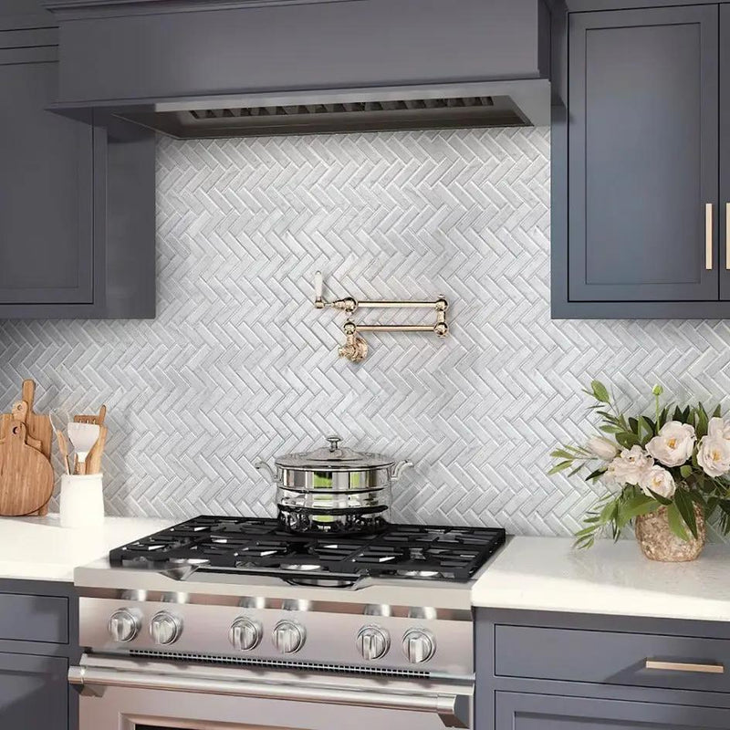 White 12x12 Polished Herringbone Bianco Carrara Marble Mosaic Tile (5 pack, 5.29 sq ft/case) by Apollo Tile