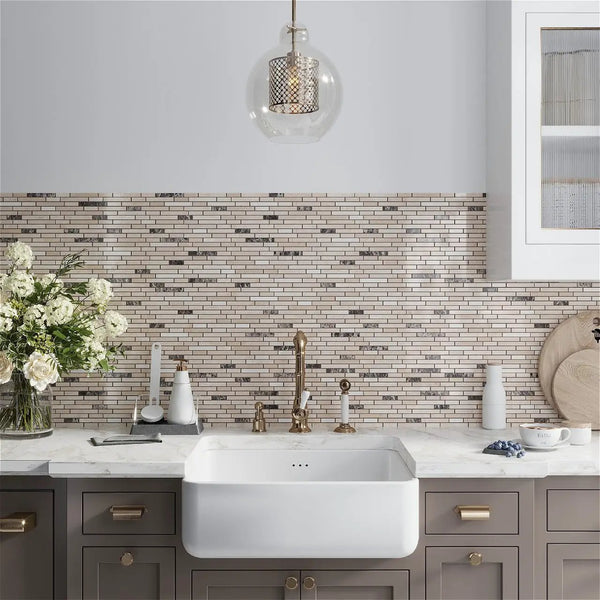 Beige 12x12 Polished Split Face Brick Crema Marfil, Emperador Dark Marble Mosaic Tile (5 pack, 4.83 sq ft/case), photo 2 of 6
