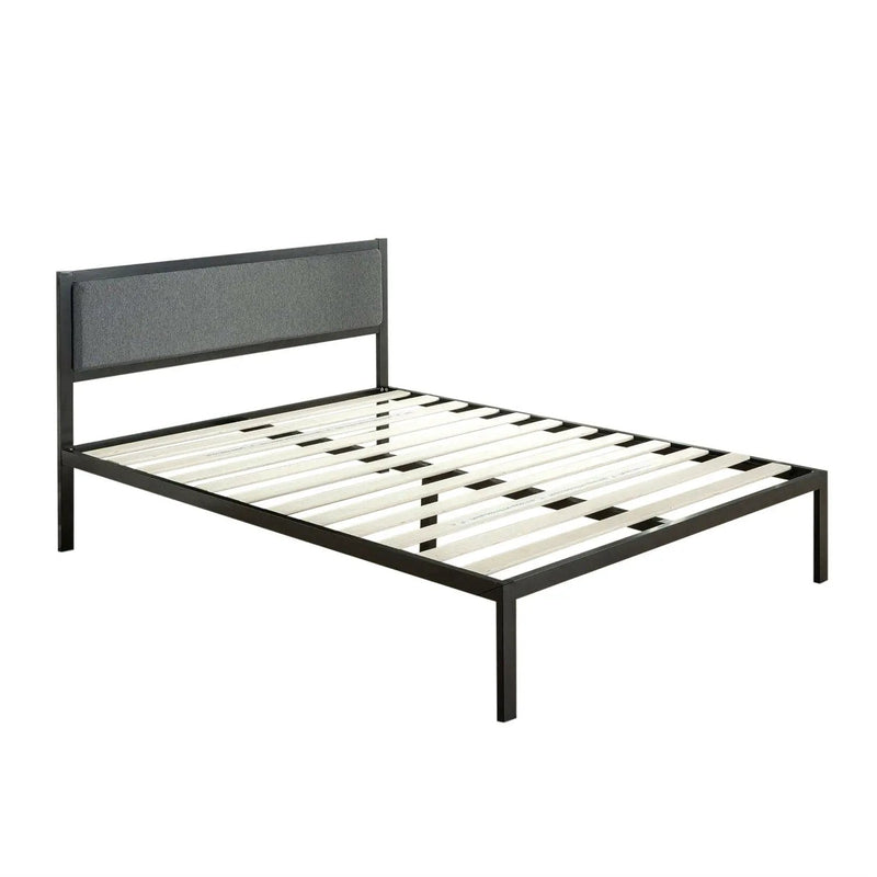King size Metal Platform Bed Frame with Wood Slats and Upholstered Headboard by HomePacific