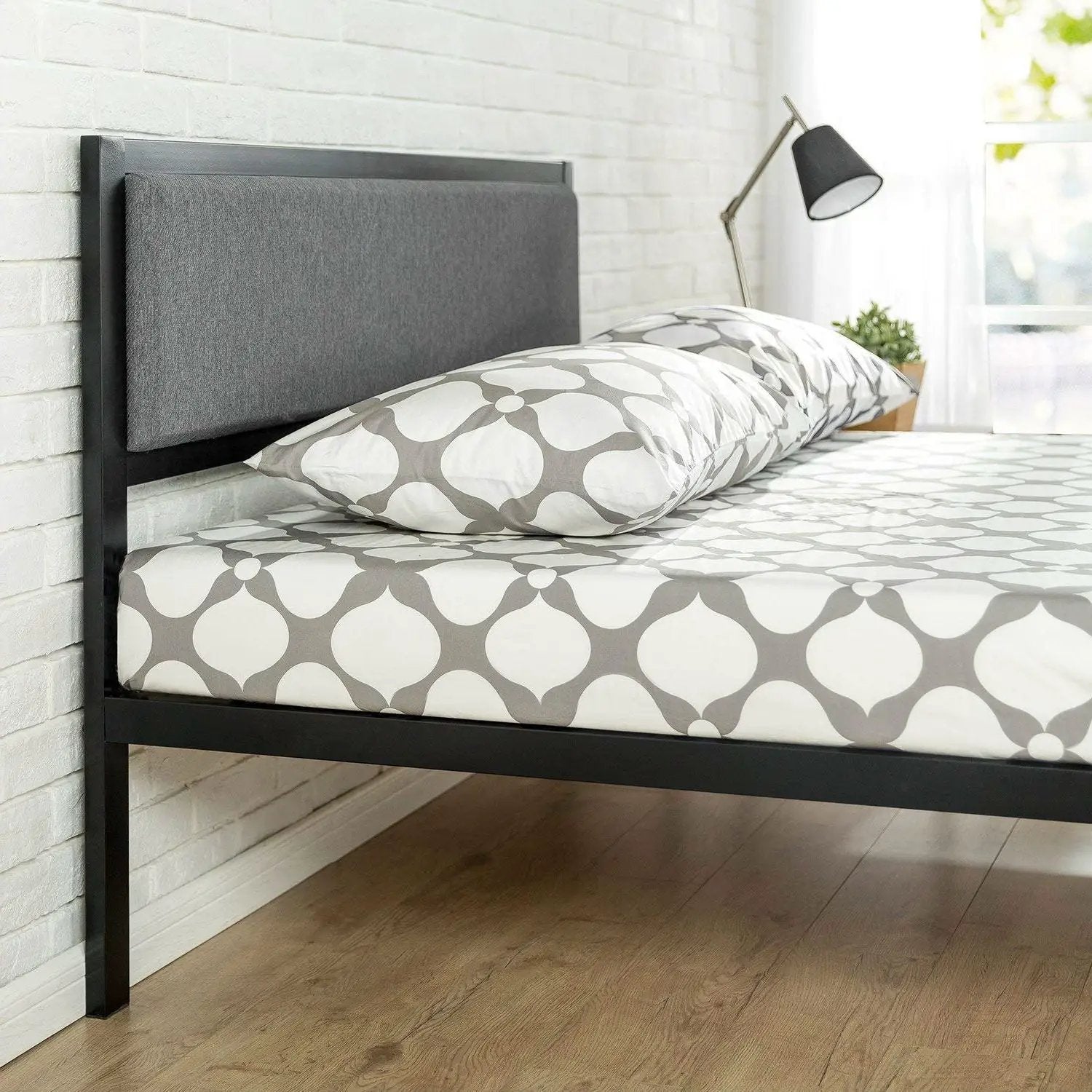 King size Metal Platform Bed Frame with Wood Slats and Upholstered Headboard by HomePacific