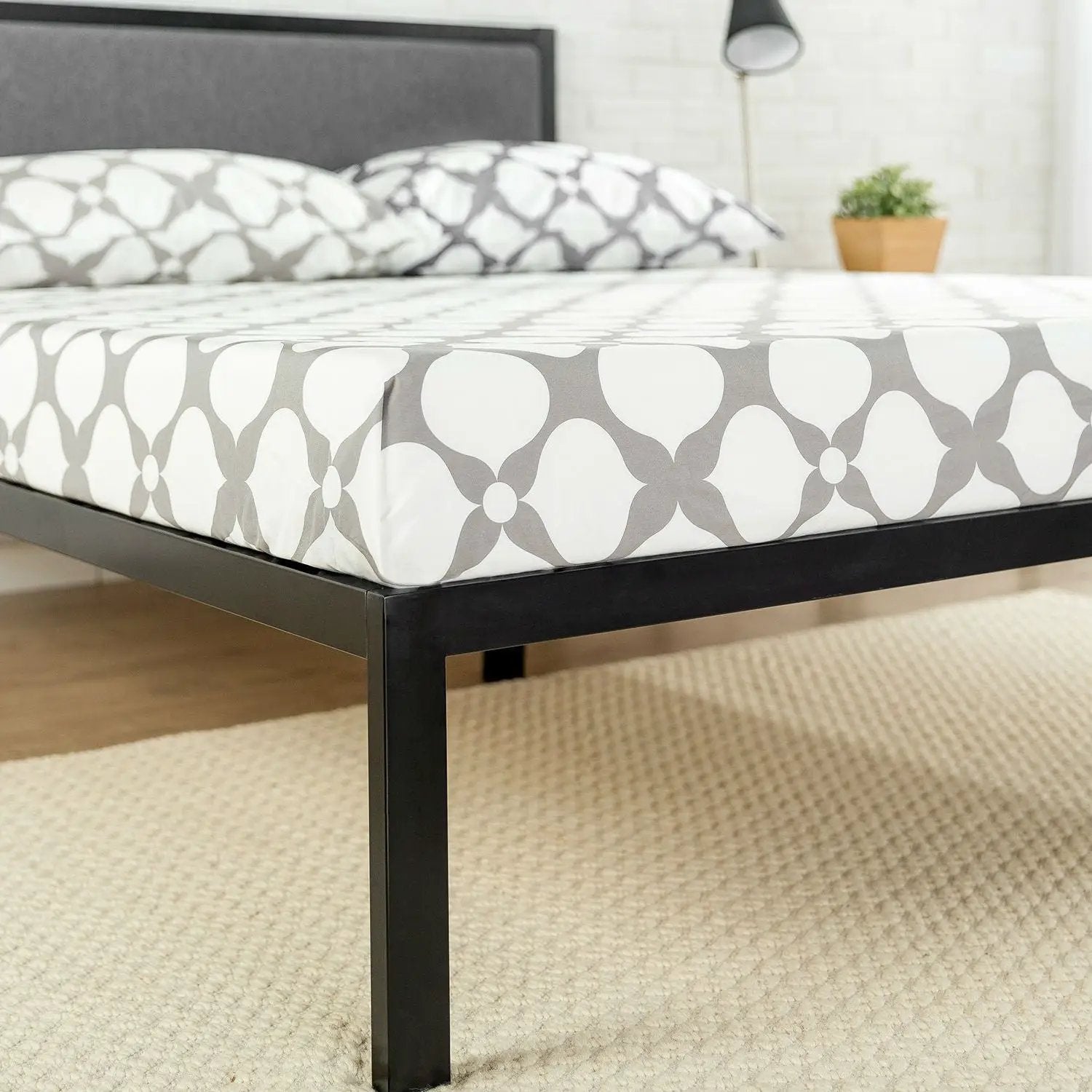 King size Metal Platform Bed Frame with Wood Slats and Upholstered Headboard by HomePacific