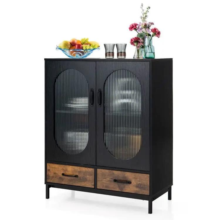Modern Black Brown Metal Wood Sideboard Dining Buffet Cabinet with Glass Doors by HomePacific