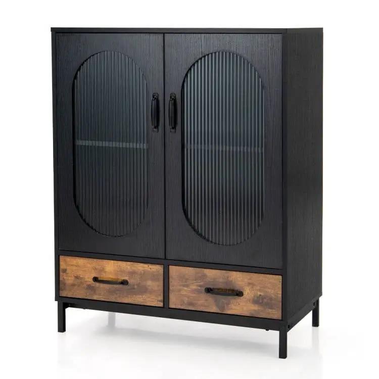 Modern Black Brown Metal Wood Sideboard Dining Buffet Cabinet with Glass Doors by HomePacific