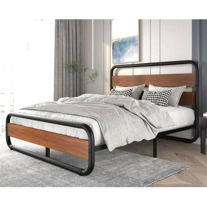 King size Heavy Duty Industrial Modern Metal Wood Platform Bed Frame with Headboard by HomePacific